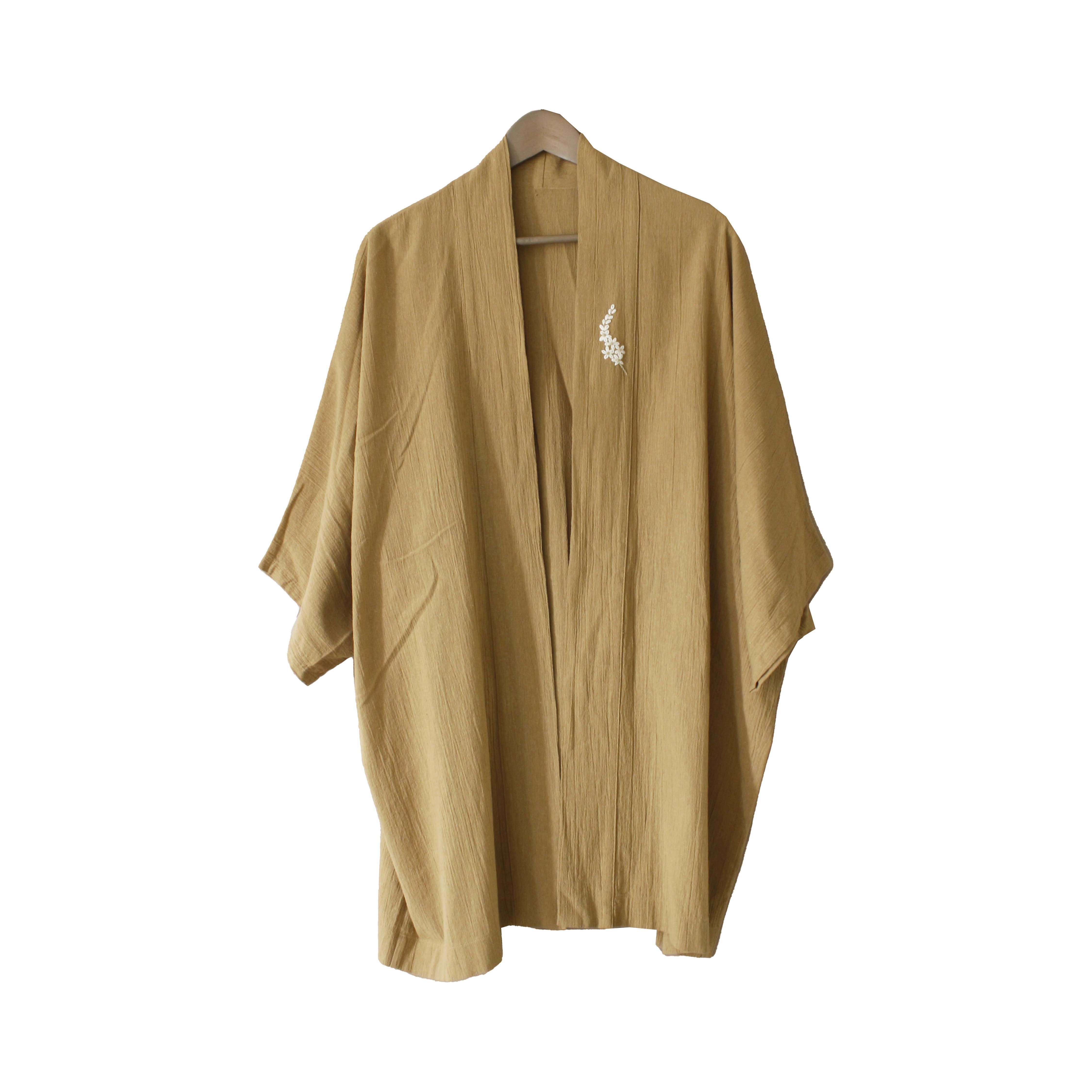 YAPRAK NAKIŞLI YARASA KOL KISA KİMONO - KAHVERENGİ