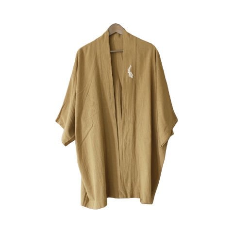 YAPRAK NAKIŞLI YARASA KOL KISA KİMONO - KAHVERENGİ