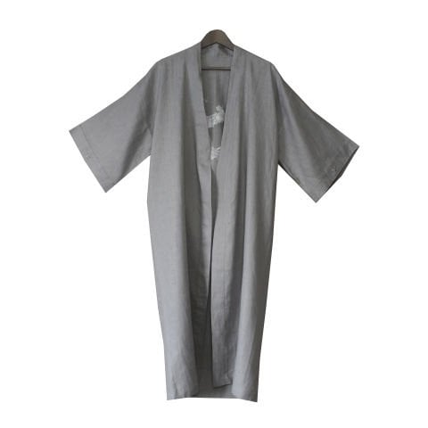 FRANSIZ KETEN KUŞ DESENLİ NAKIŞLI UZUN KİMONO - GRİ