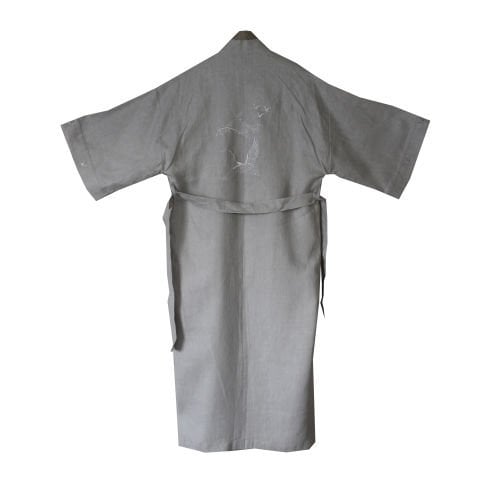 FRANSIZ KETEN KUŞ DESENLİ NAKIŞLI UZUN KİMONO - GRİ