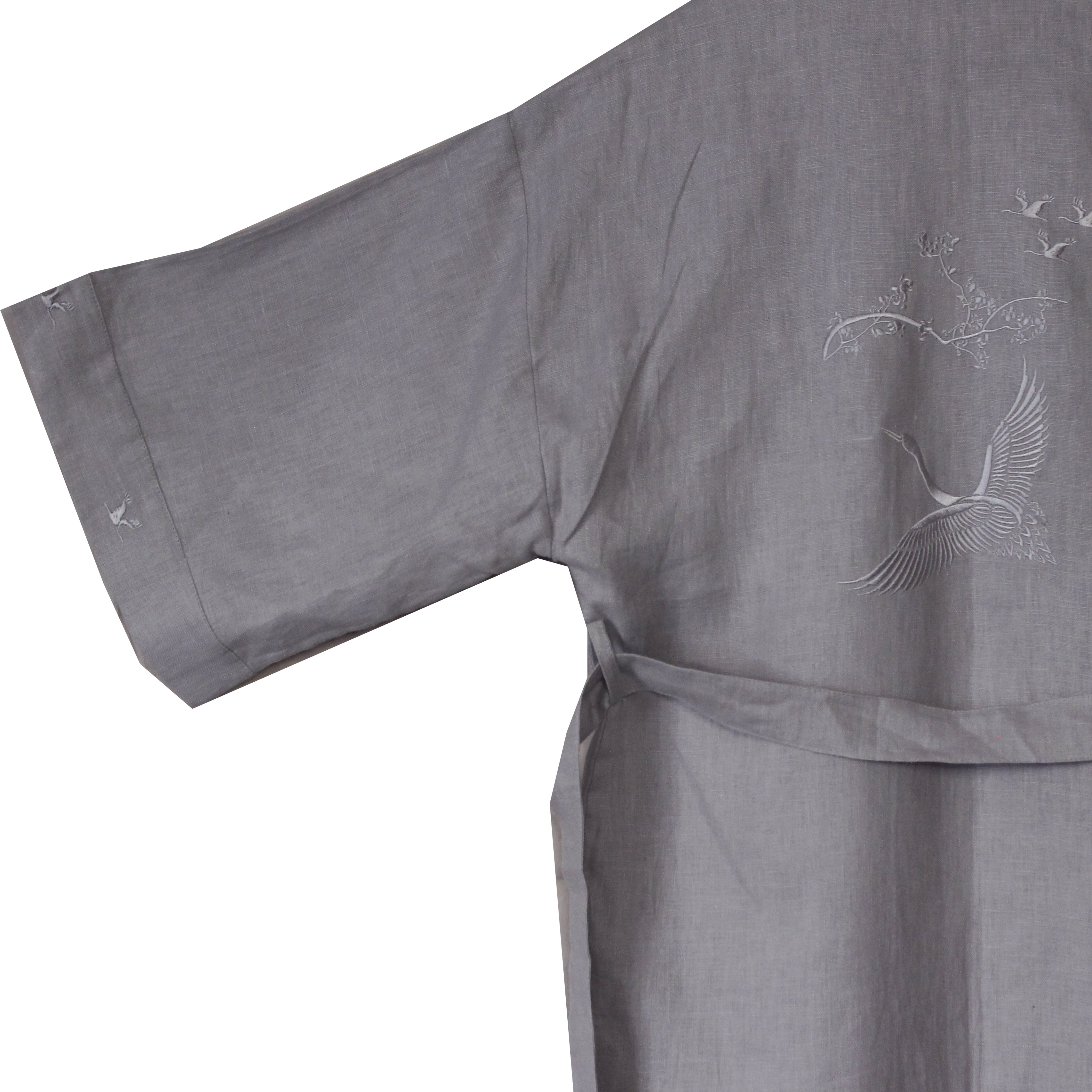 FRANSIZ KETEN KUŞ DESENLİ NAKIŞLI UZUN KİMONO - GRİ