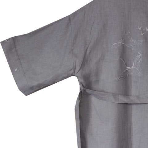 FRANSIZ KETEN KUŞ DESENLİ NAKIŞLI UZUN KİMONO - GRİ